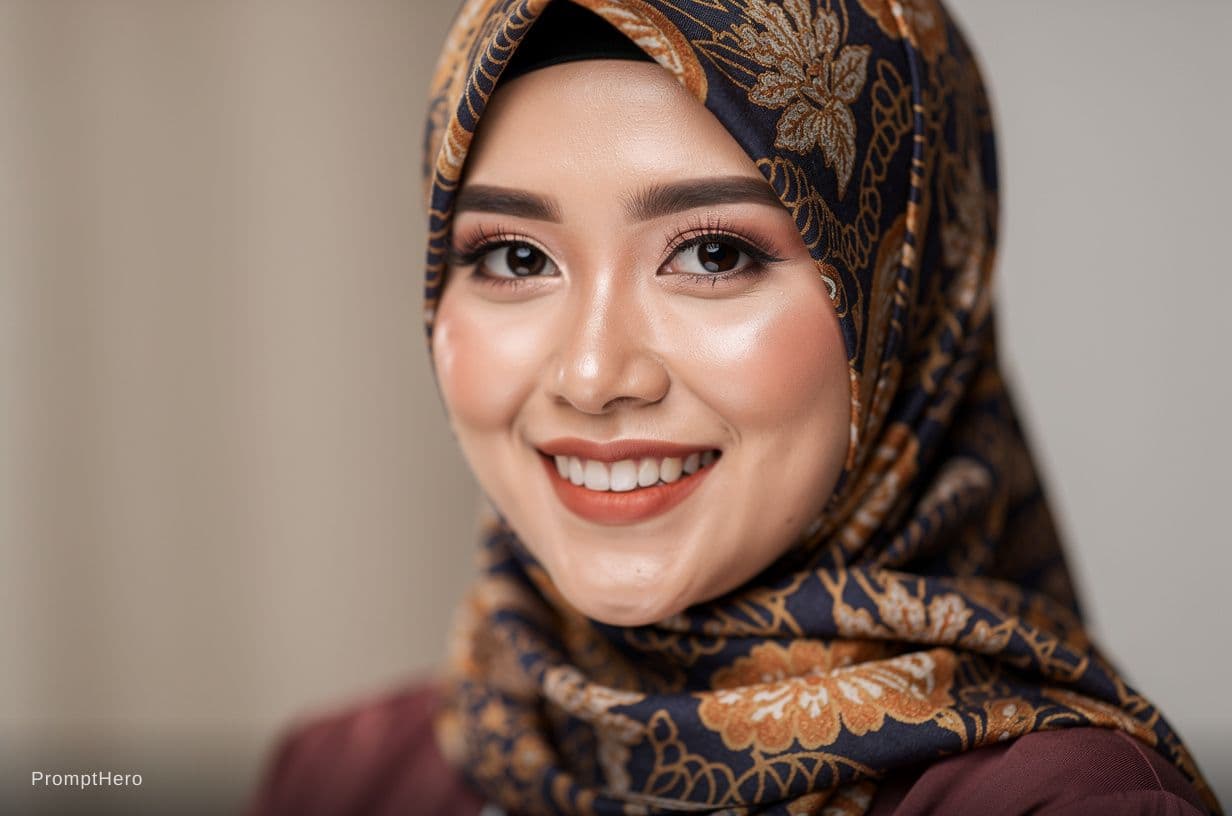 AI generated: a Indonesian woman with a warm and friendly smile. She has an oval face shape, soft facial features,...