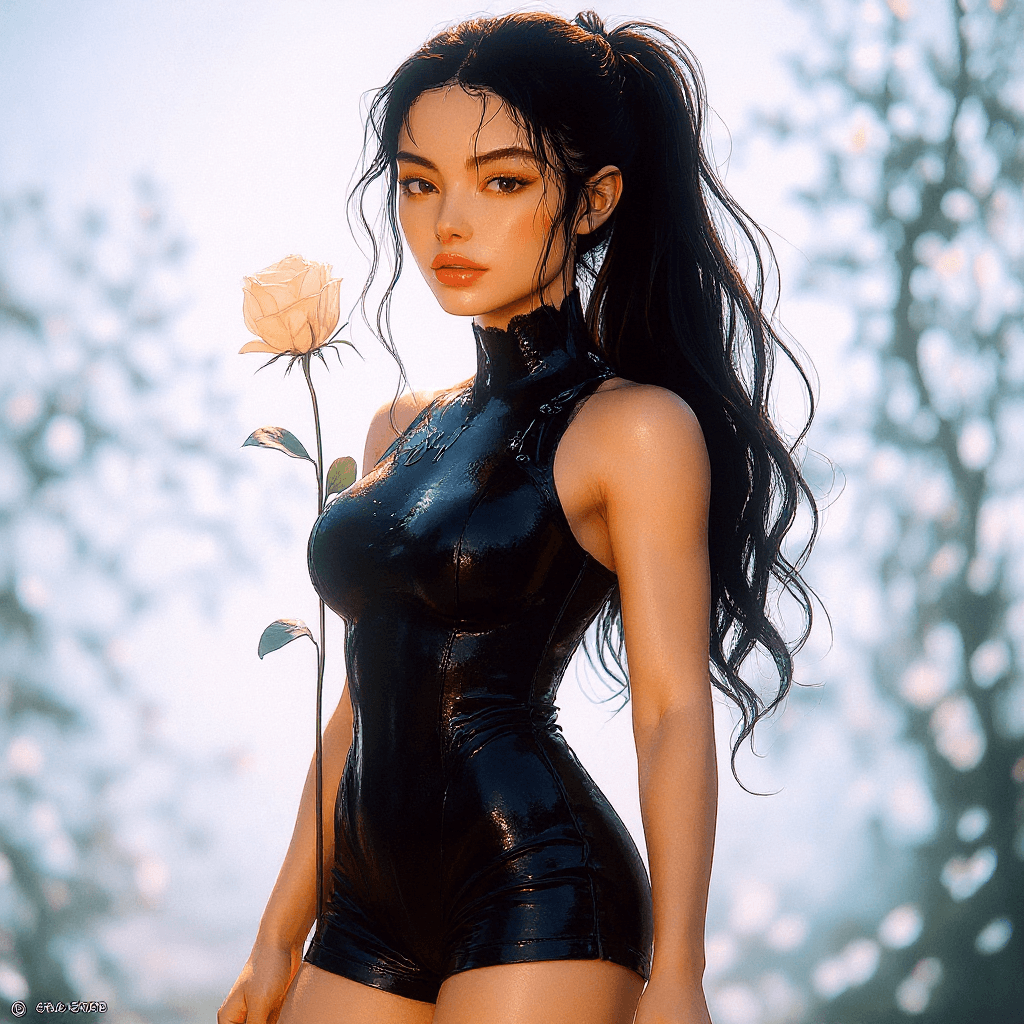AI generated: Beautiful . Ponytail hair.  curvaceous tall woman. Objectively beautiful. Wearing Short shorts.