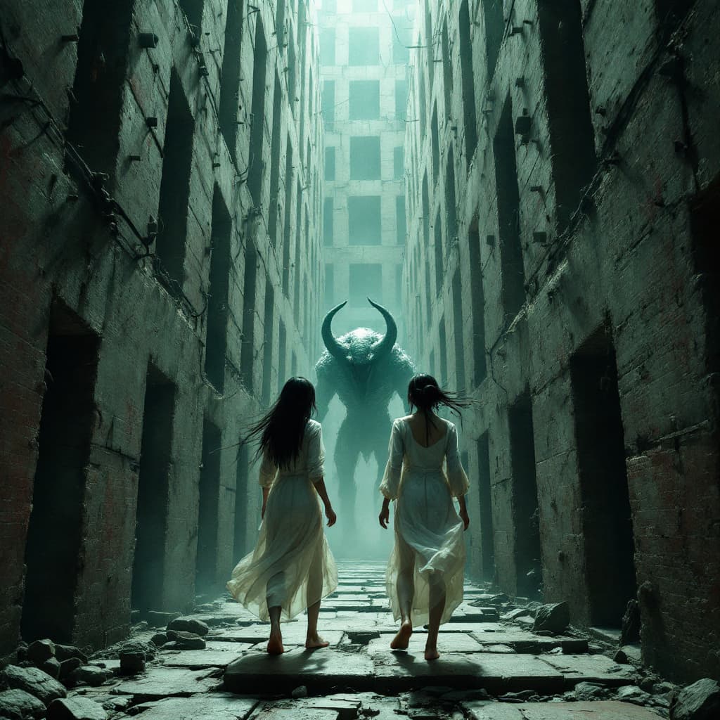 AI generated: The building is a maze of death, full of traps and monsters. Two barefoot korean young scared women,...