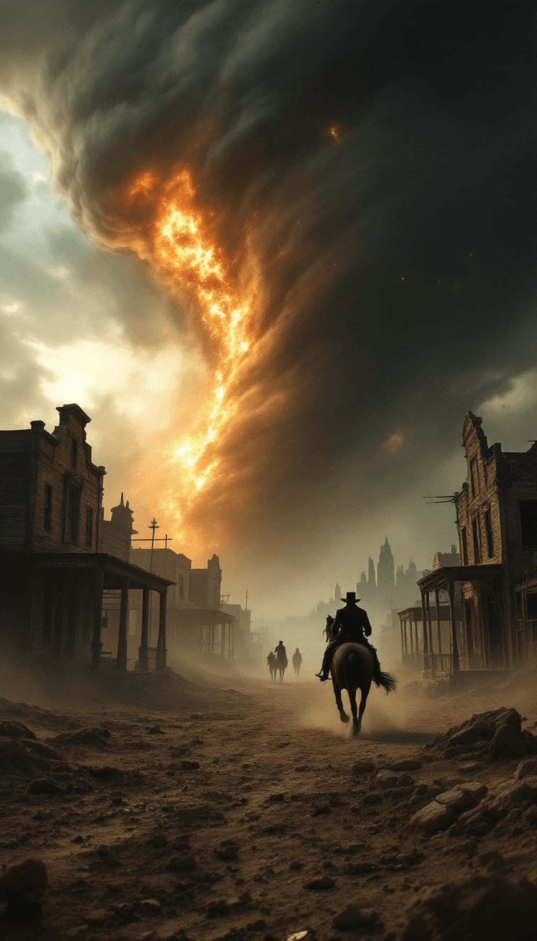 AI generated: At the heart of a forgotten Western ghost town during a violent sandstorm, a lone silhouette of a ri...