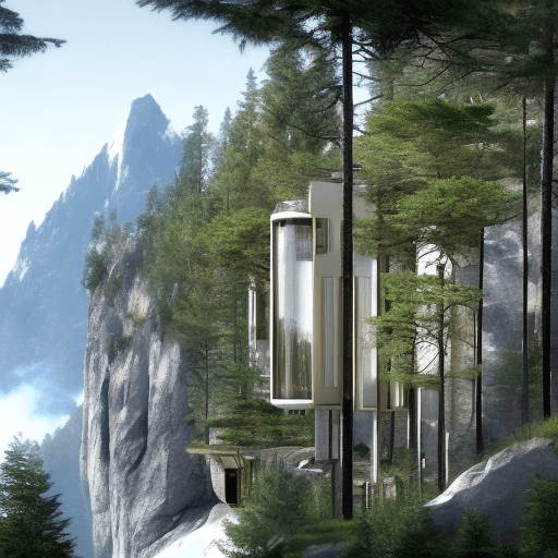 AI generated: futuristic single-level house overlooking a cliff, with a zoomed mountain-side in the background wit...