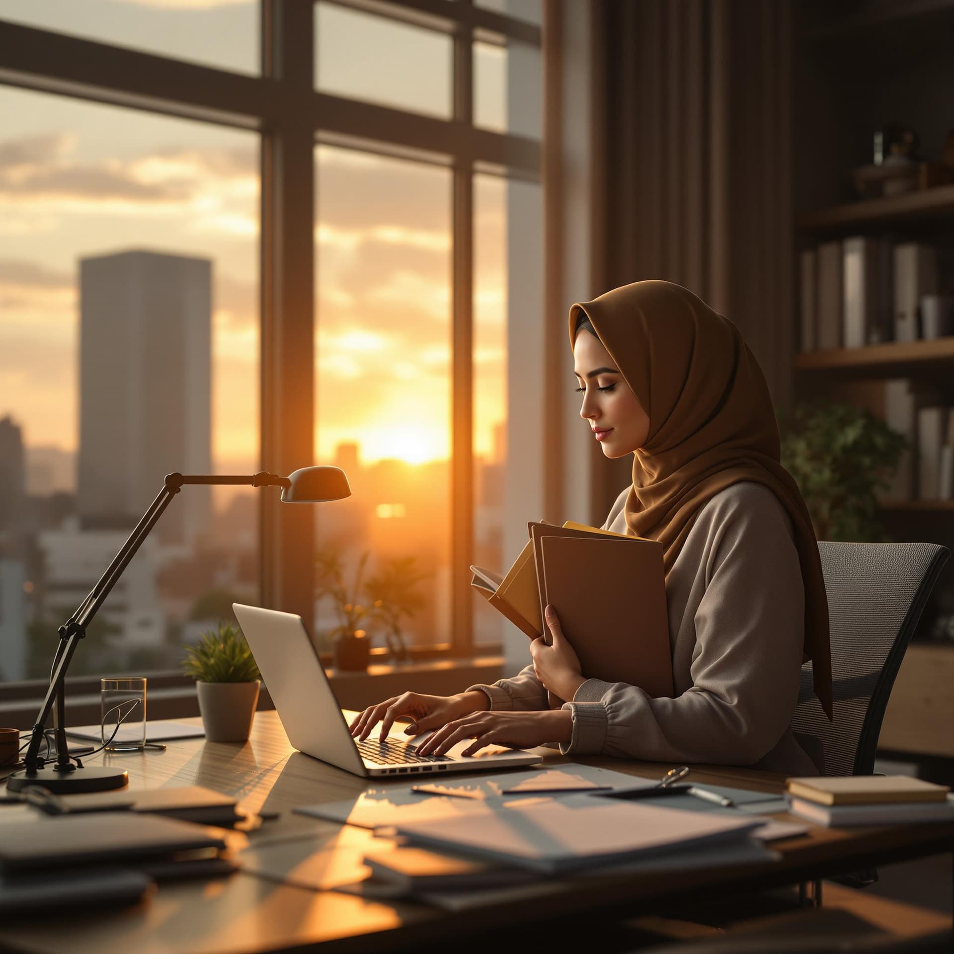 AI generated: Photo of a ultra realistic office,  pale sunrise from window, cinematic lighting, hijab women, hold ...