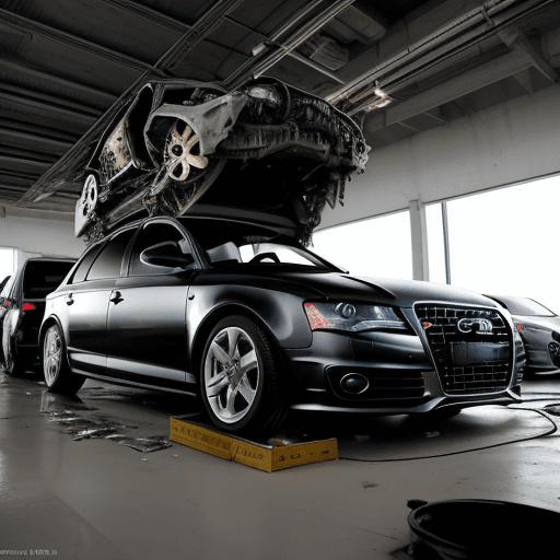 AI generated: Realistic, dramatic depiction of a car engine being repaired by auto mechanics. Black 2009 Audi a6 a...