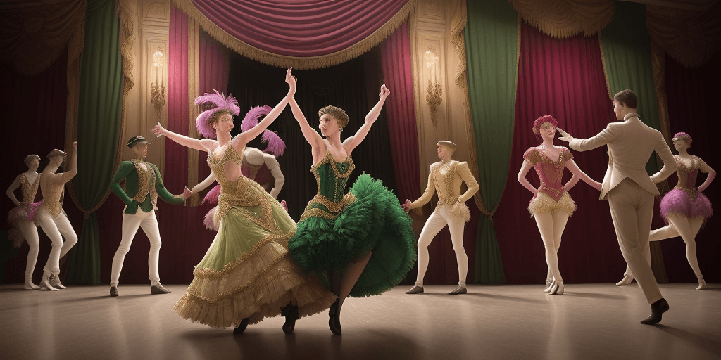 AI generated: PARISIAN DANCE HALL PERFORMANCE IN THE EARLY 20TH CENTURY, INSPIRED BY  MALE AND FEMALE DANCERS OF T...