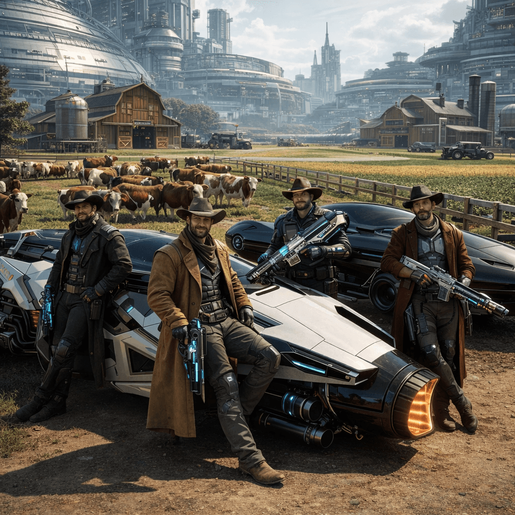 AI generated: Create an image of four futuristic, but different looking, Human Cowboys, posing comfortably on thei...