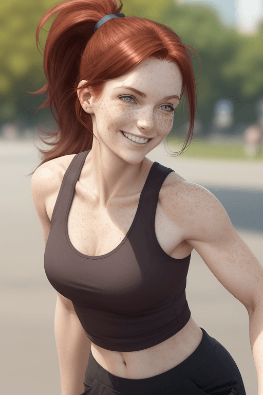 AI generated: woman, fit, beautiful, slender, natural curves, natural upper body, attractive, dark red hair, messy...