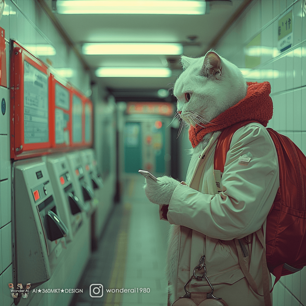 AI generated: an anthropomorphic cream cute cat wearing Suit, briefcase, cellphone, coffee standing alone in a sub...