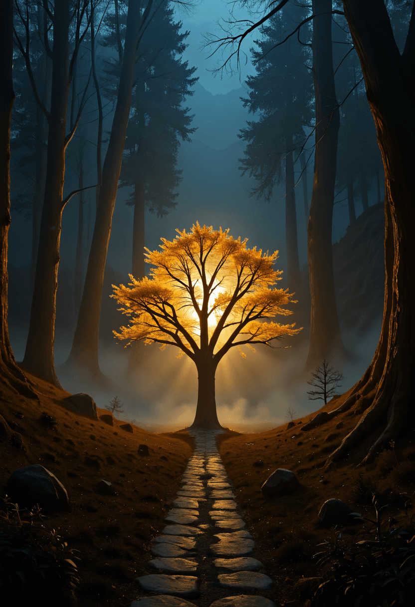 AI generated: professional 3d model A dense, fog-enshrouded valley where ancient, tree-like organisms rise from th...