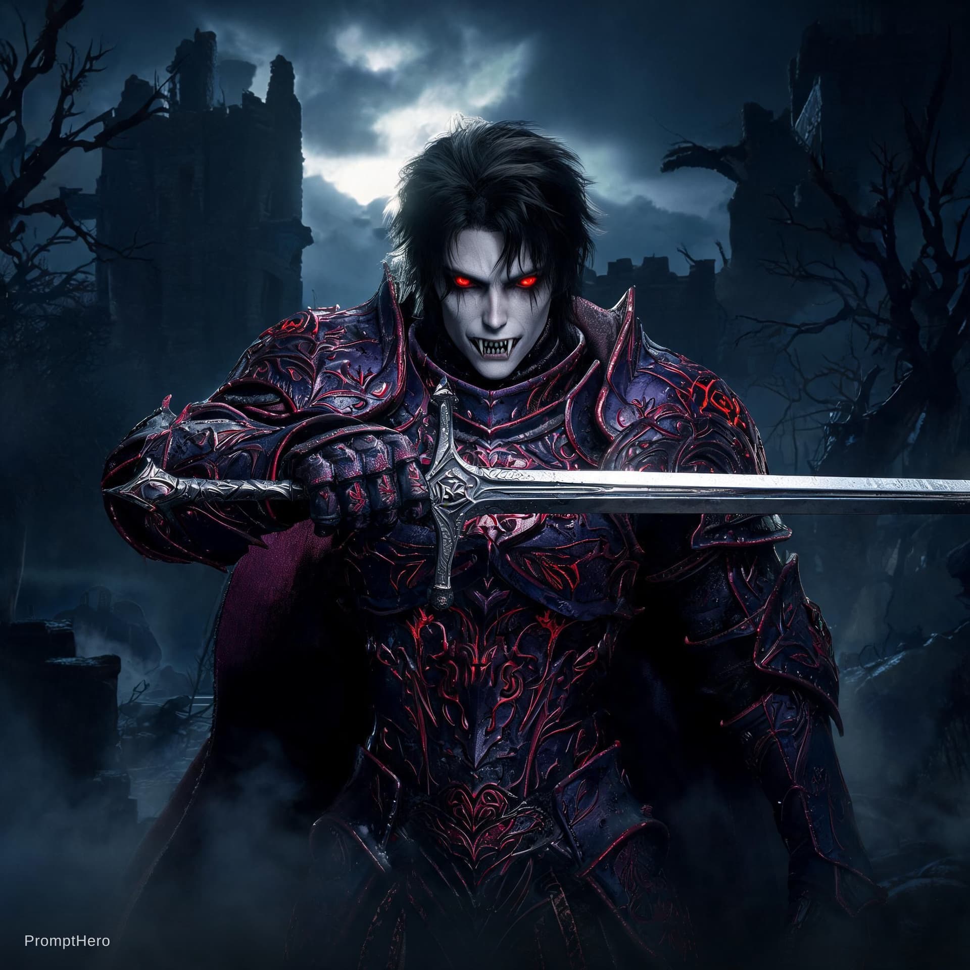 AI generated: a digital art drawing of a vampire knight wielding a one handed sword in front of him, Red and purpl...