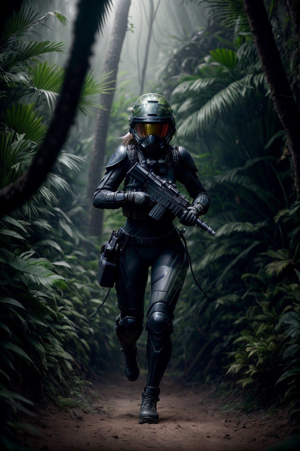 AI generated: Highly detailed cinematic film still, Hip level shot, of (fit female soldier, wearing high-tech blac...