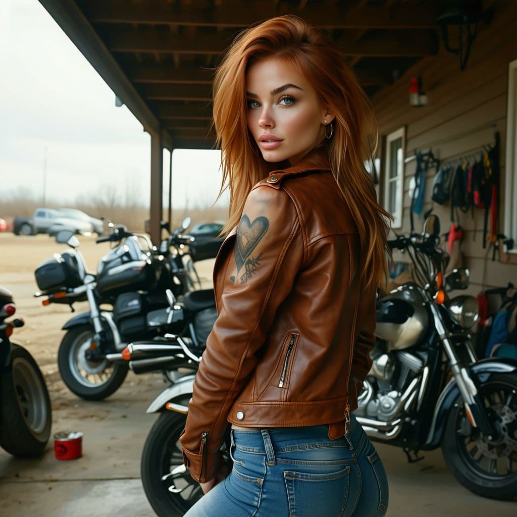 AI generated: Canon 50d, 2,048k, ((stunning realistic woman (on a motorcycle:1.2))), (((brown leather) jacket)), (...