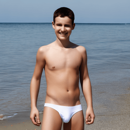 AI generated: Boy on the beach wearing white briefs
