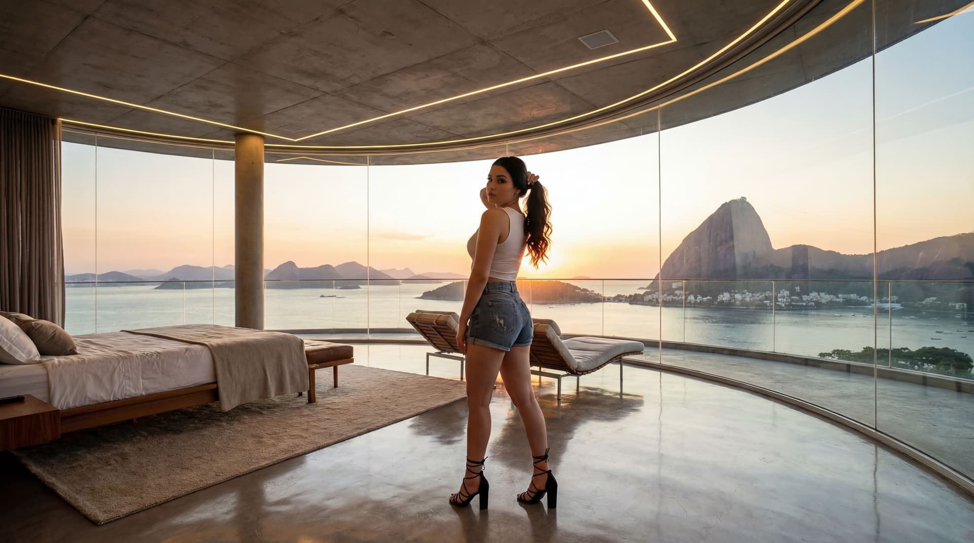 AI generated: Iconic Landscape: The dominating feature is the massive, floor-to-ceiling curved glass wall that off...