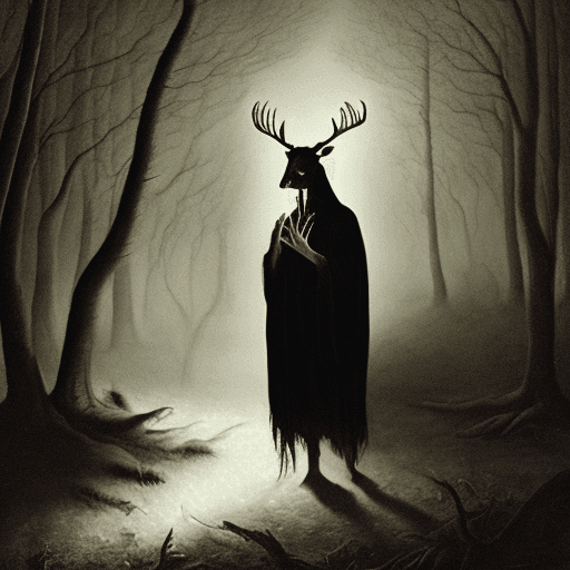 AI generated: Deerman in a black feather robe wearing a deer skull in a dark forest lit by a single light