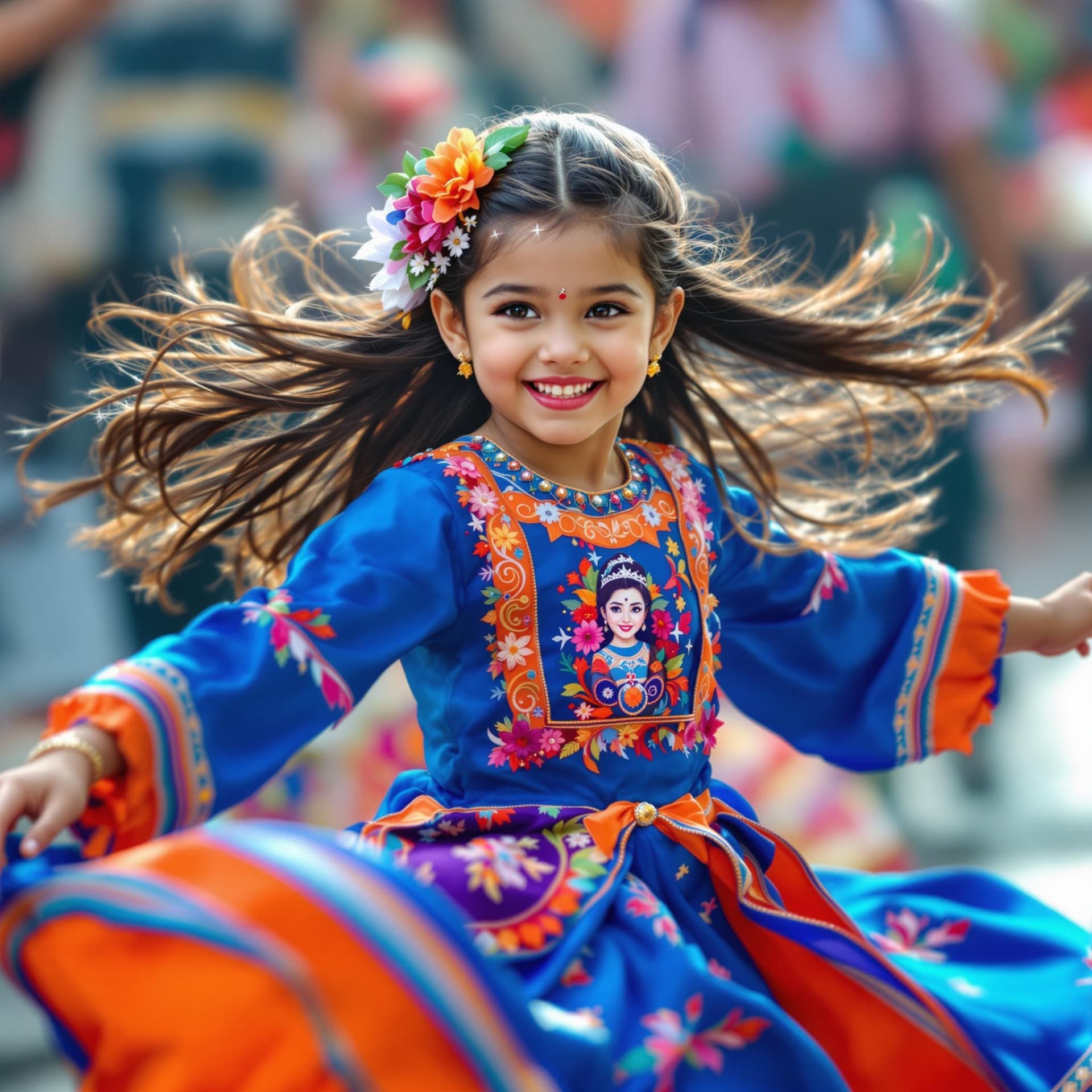 AI generated: The image captures a young girl in vibrant traditional attire, dancing with evident joy and grace. S...