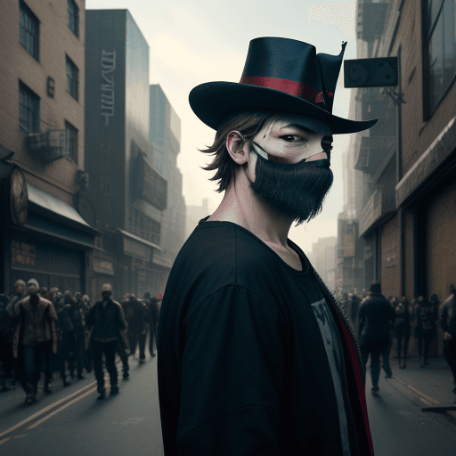 AI generated: cinematic 4K image of a photo-realistic, enigmatic character standing amidst a chaotic urban environ...