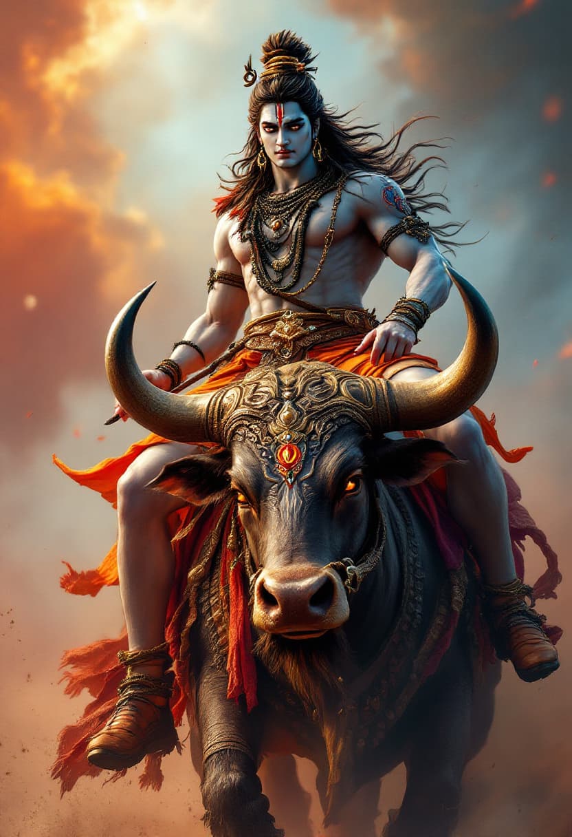 AI generated: A Full Body photo shot of a Lord Shiva warrior, riding on his majestic Nandi Bull, beautiful face, v...