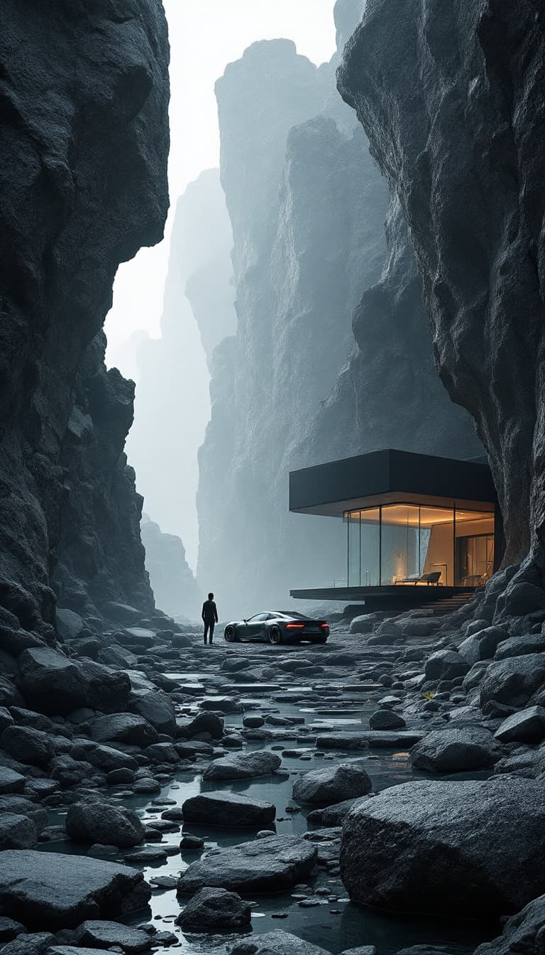 AI generated: the futuristic house in a rocky area with car, rock and house, in the style of dark gray and dark bl...