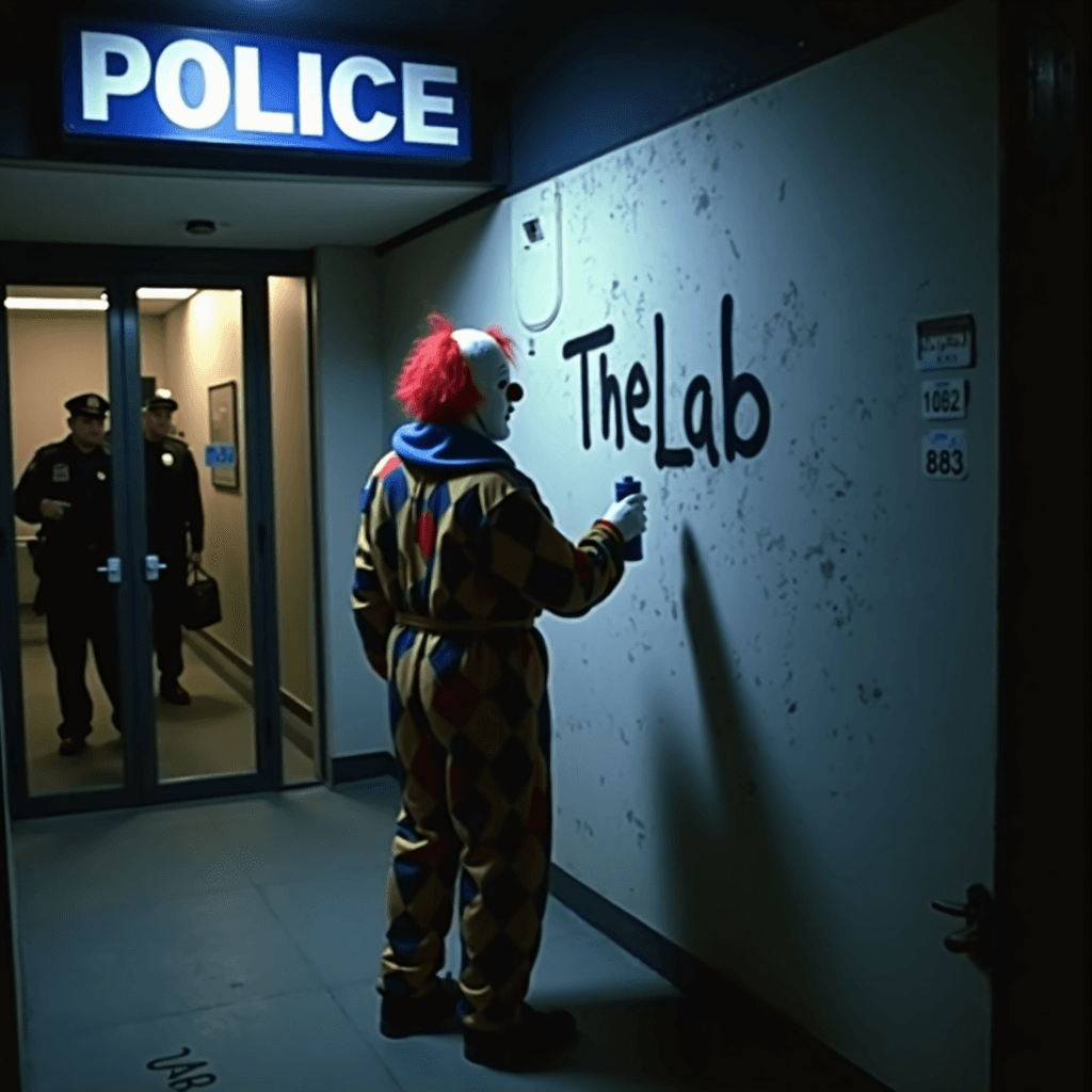 AI generated: Very dark night, low quality CCTV footage captured of 

a person in a clown role play costume hold...