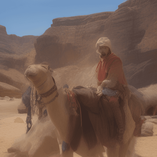 AI generated: a good looking Bedouin standing in front of Petra in Jordan with proud and honor next to a camel and...