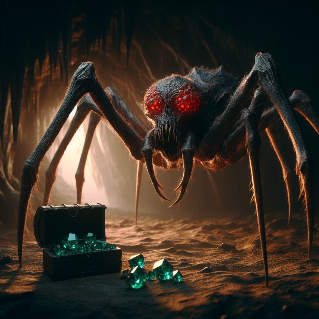 AI generated: scary creature that looks like a spider, full body, reddish eyes, cave in the background, wooden che...
