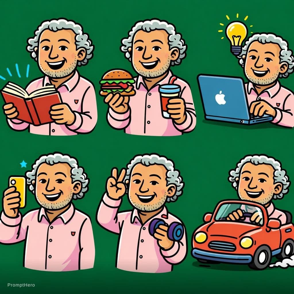 AI generated: illustration, series of simple and colorful, man, exaggerated, against a solid deep green background...