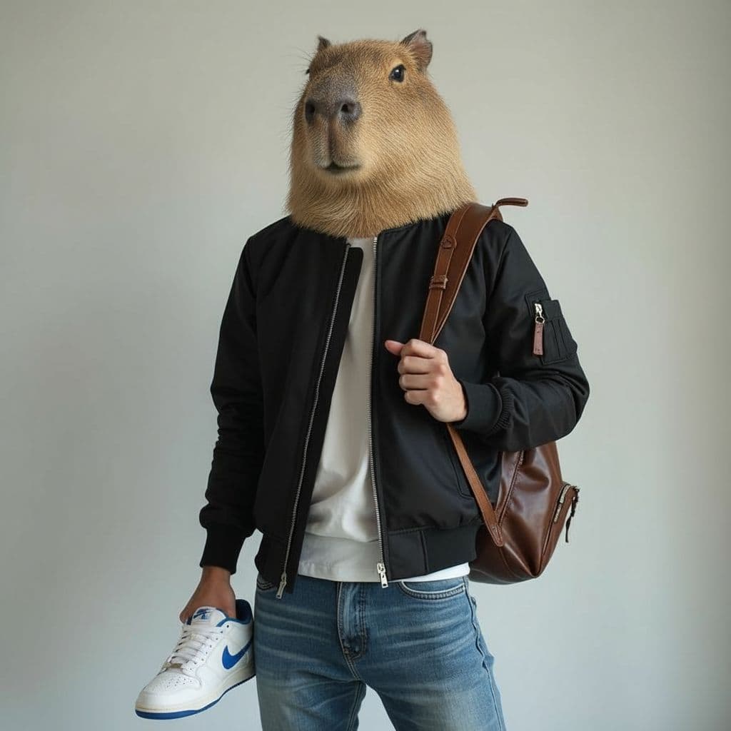 AI generated: capybara with a white T Shirt and blue Jean and NIKE shoe and backpack 
