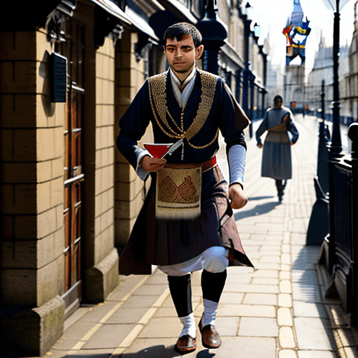 AI generated: a young adult man in a traditional georgian chokha clothing. Walking down the streets of london in t...