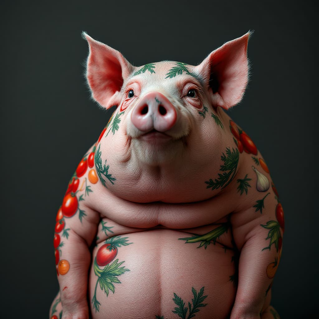 AI generated: photo close up, studio portrait, looking at the camera,
 hairless big fat pig thin lines tattooed wi...