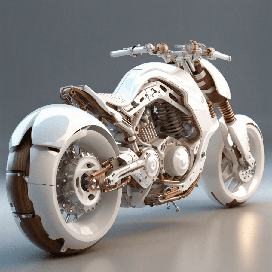 AI generated: Lucid pearl white motorbike, roots, wooden parts, carbonfiber wicker bones, stealth robocop, translu...