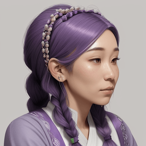 AI generated: A woman with purple hair styled in a side braid and adorned with modest hair accessories. She should...