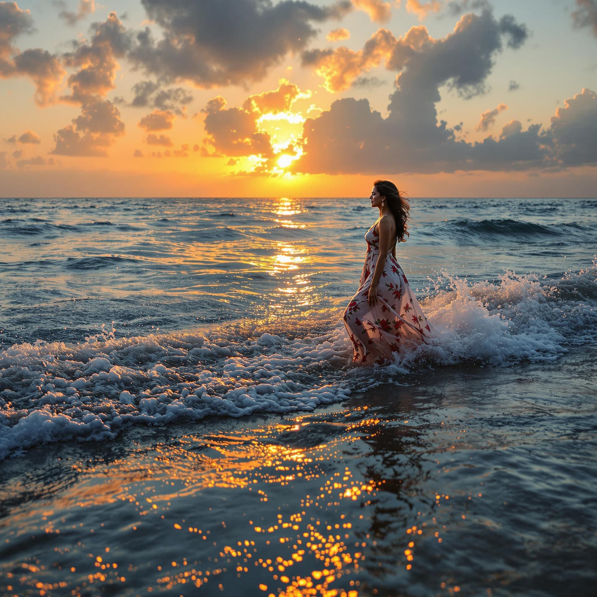 AI generated: The image features a Indian woman standing in the beach, small waves, highly detailed, HRD CLoud, ex...