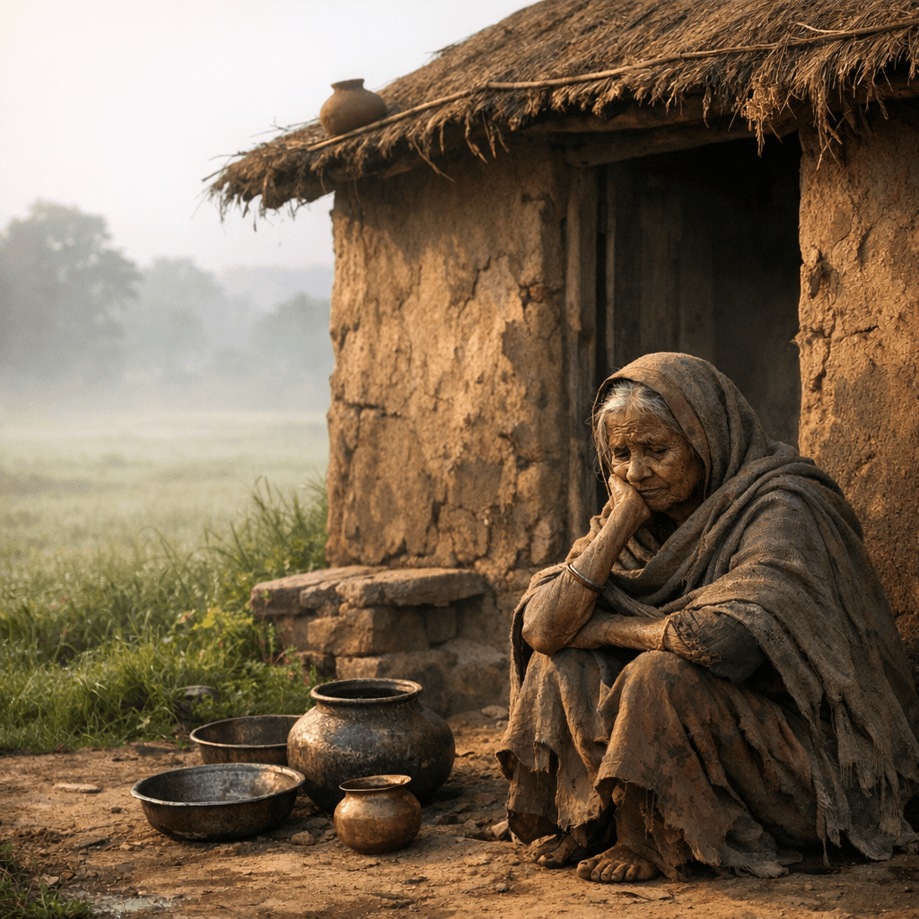 AI generated: Small mud hut near a wide green meadow, early morning mist, soft sunlight, old grandmother sitting s...