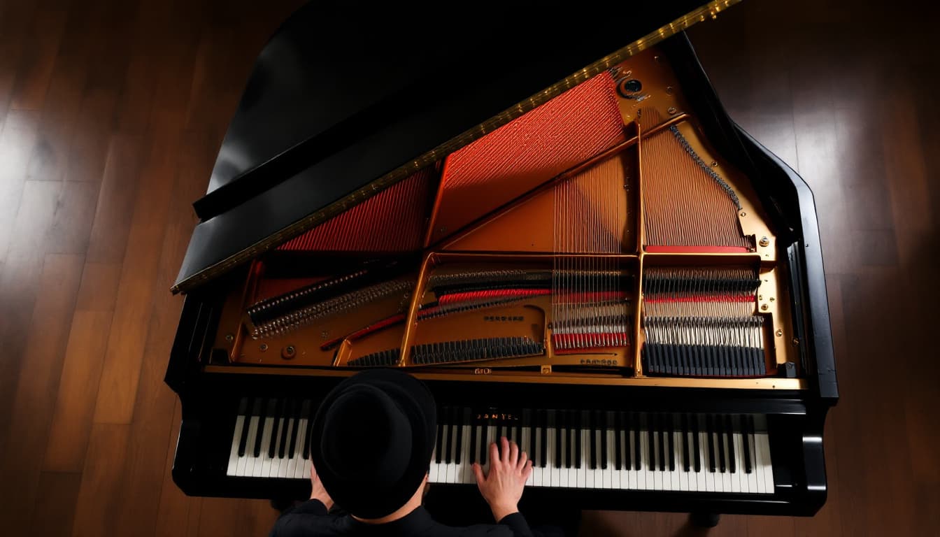 AI generated: A musician in a black shirt and hat plays a grand piano from an overhead perspective. The rich golde...