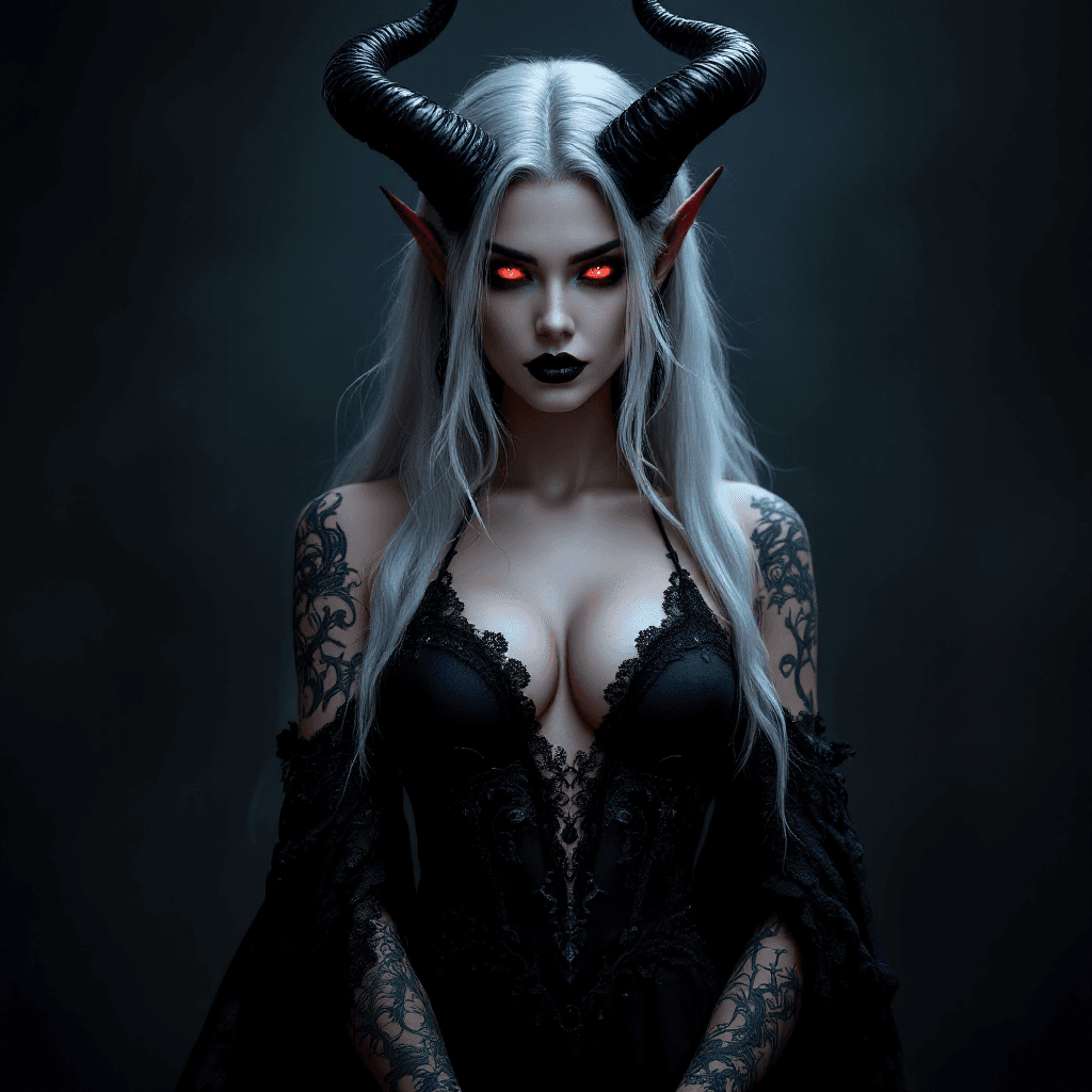 AI generated: full-body portrait of a gothic demon queen, standing confidently in an elegant dark dress with lace ...
