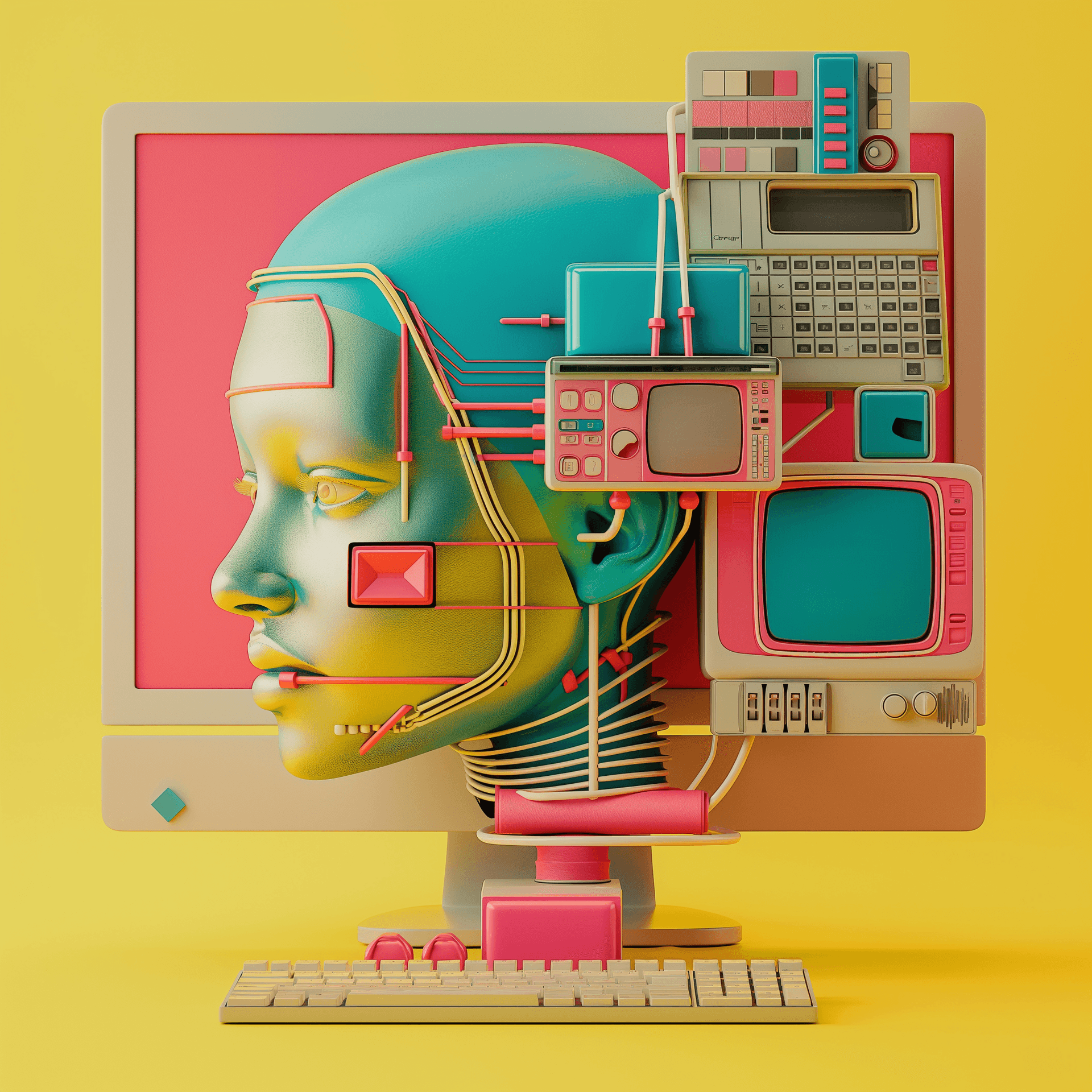 AI generated: a computer monitor sitting on top of a desk, a computer rendering, inspired by Mike Winkelmann, comp...