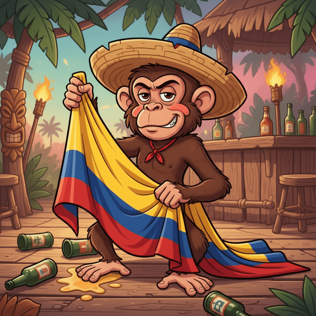 AI generated: a cheeky cartoon drunk monkey holding the colombian flag
