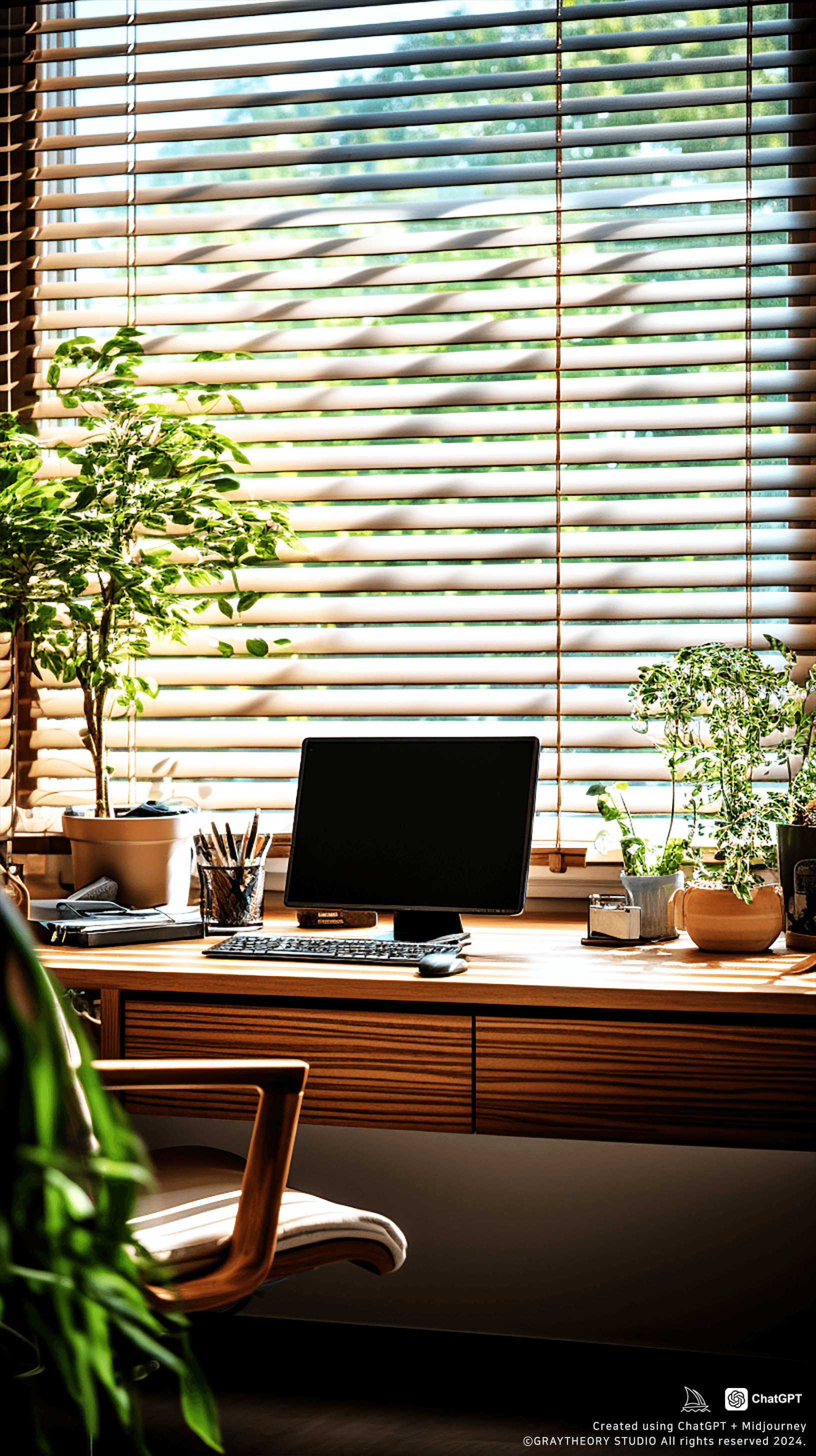 AI generated: 8K, very details, hyperrealism, in the co-working space – flat view of the office through the window...
