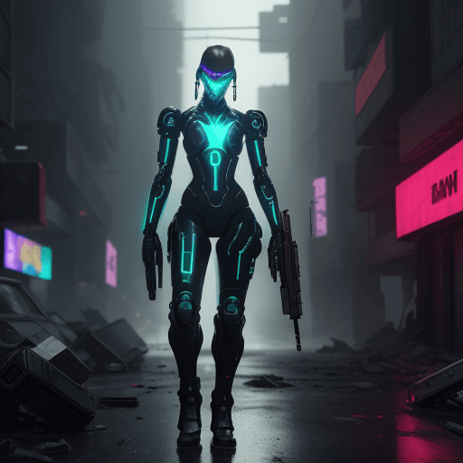 AI generated: Sleek android in a black cybernetic and futuristic exo-suit holding a futuristic rifle in a destroye...