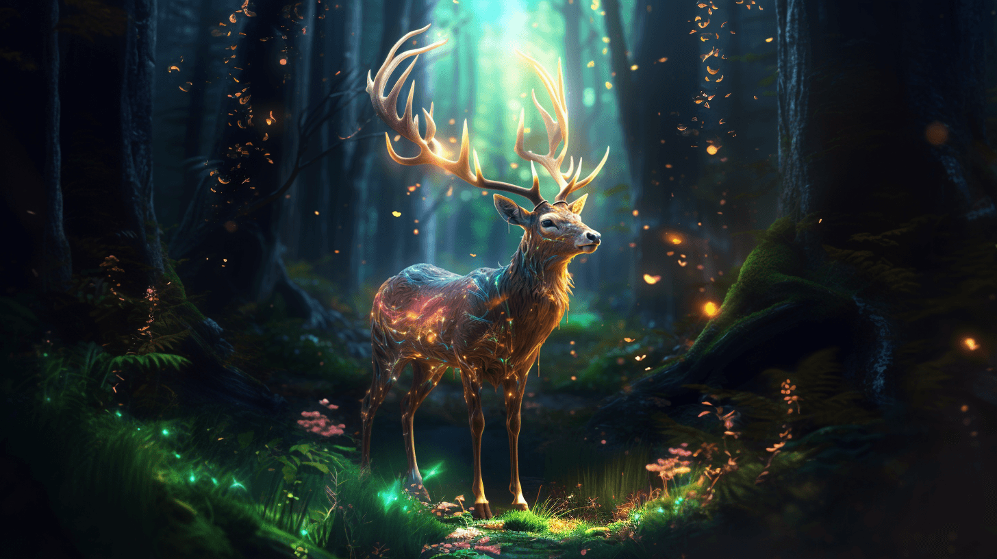 AI generated: fantasy deer in the jungle, closeup, ultra detailed, fairy lighting, photorealistic, bright colors, ...