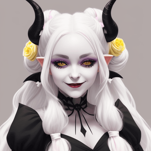 AI generated: YoungTiefling woman with a pastel dress, long white hair with two side buns and black stripes, and b...