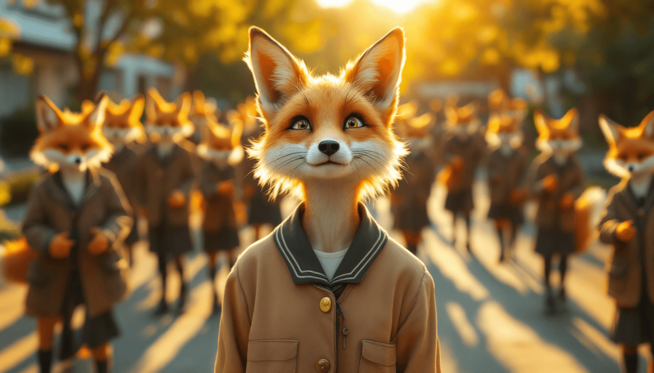 AI generated: Hyper realistic, A lanky, pale orange fox girl in a slightly worn school uniform stands alone in a g...