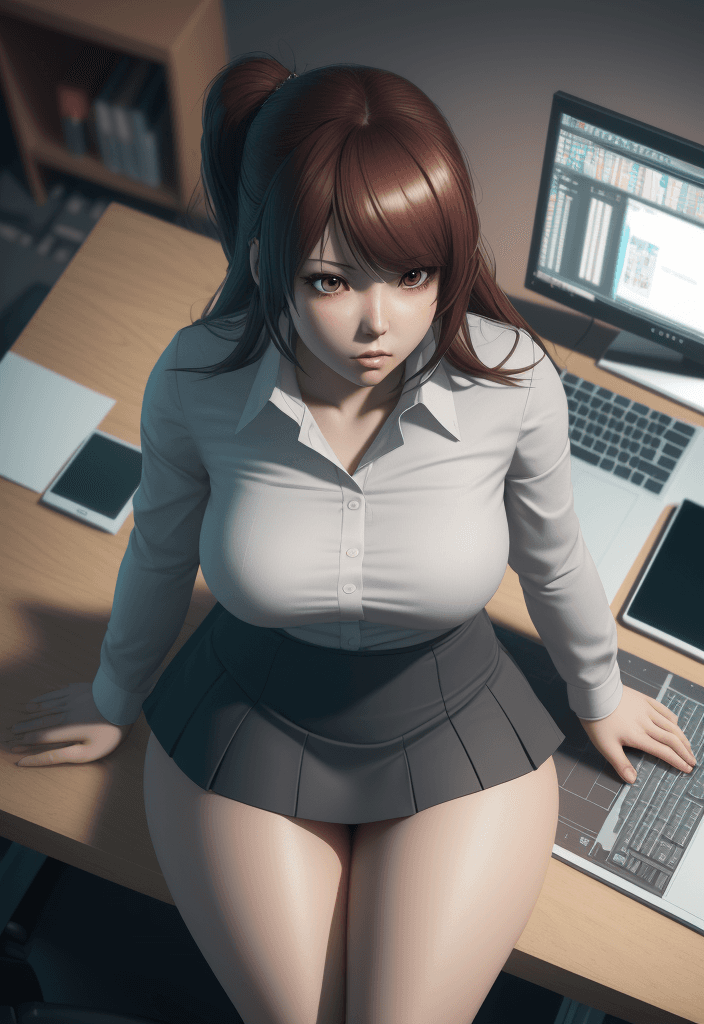 AI generated: Shot from above, Anime Style of a Girl sitting on desktop working office, wearing casual business cl...