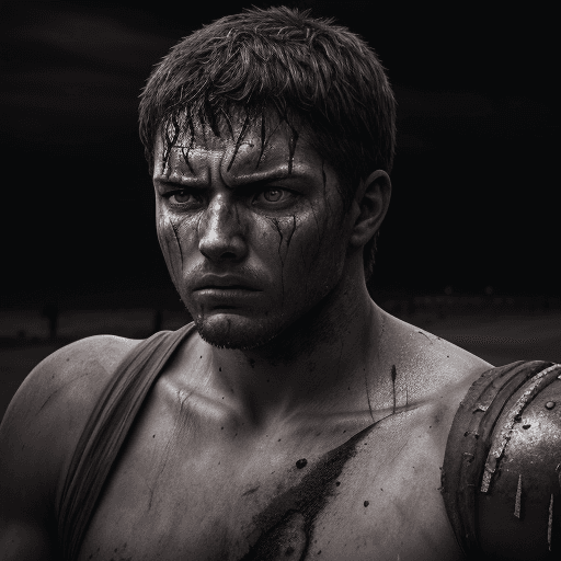 AI generated: The gladiator stands after the battle, fear and horror on his face, tired and beaten, sand on his fa...