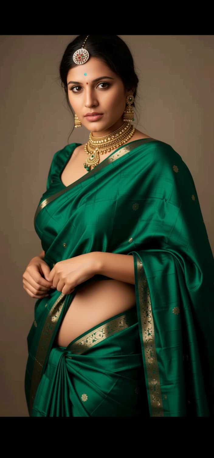 AI generated: A hyper-realistic cinematic portrait of a woman wearing a deep emerald green raw silk sari, loosely ...
