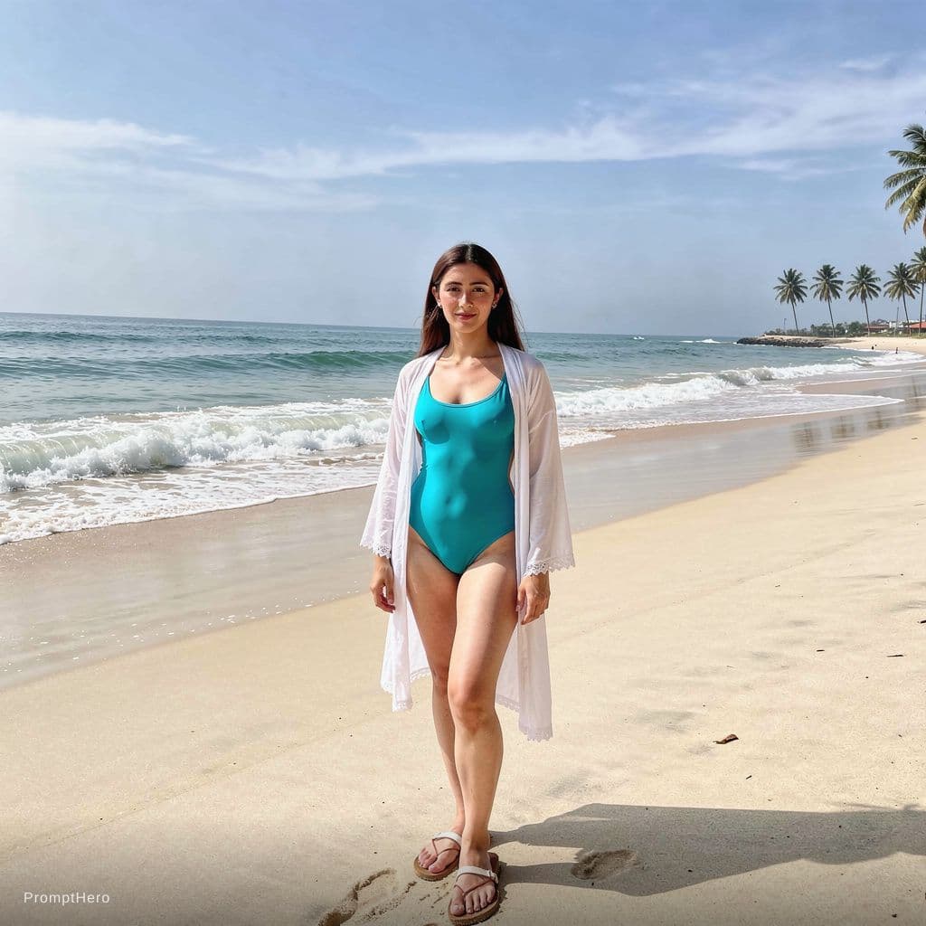AI generated: She is in bikini and she is in beach 