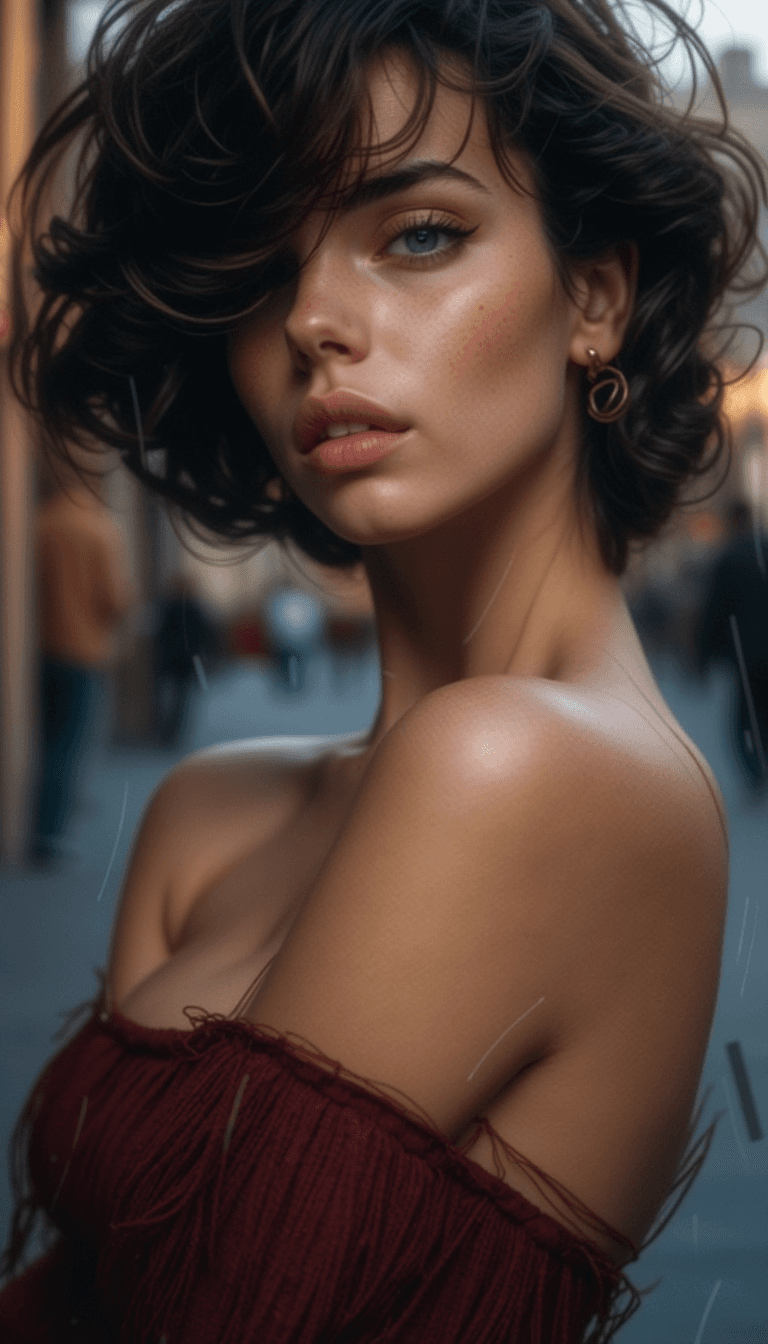 AI generated: A woman with short, wavy brown hair, wearing a burgundy off-shoulder top, standing in a slight profi...