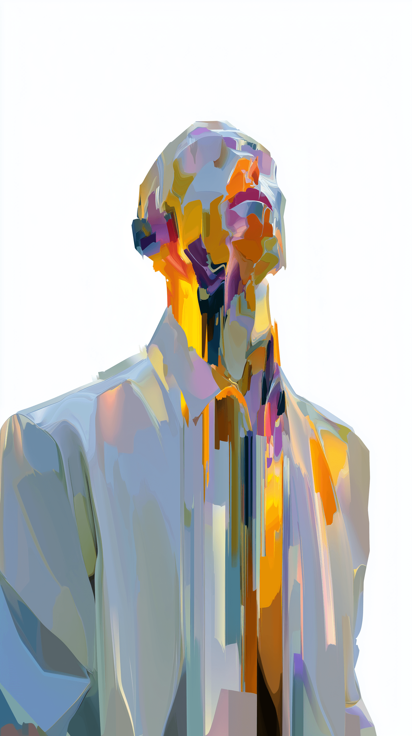 AI generated: glitch art, vertical portrait of single human silhouette, clearly defined edges, white background, c...