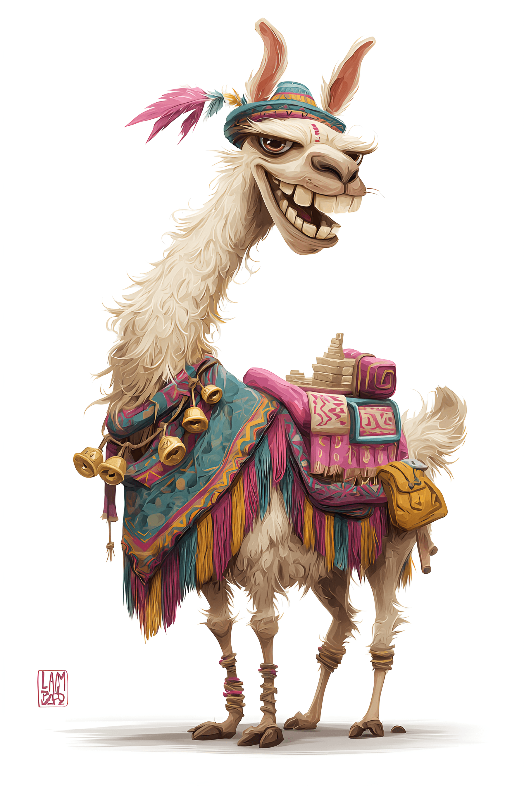 AI generated: funny caricature, silly llama character, peruvian ethnicity, 5 years old, aloof, curious, dramatic, ...