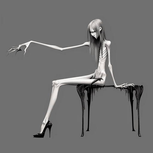 AI generated: extreme skinny slender anorexic girl, with long curved claws, skinny legs and long skinny calves in ...